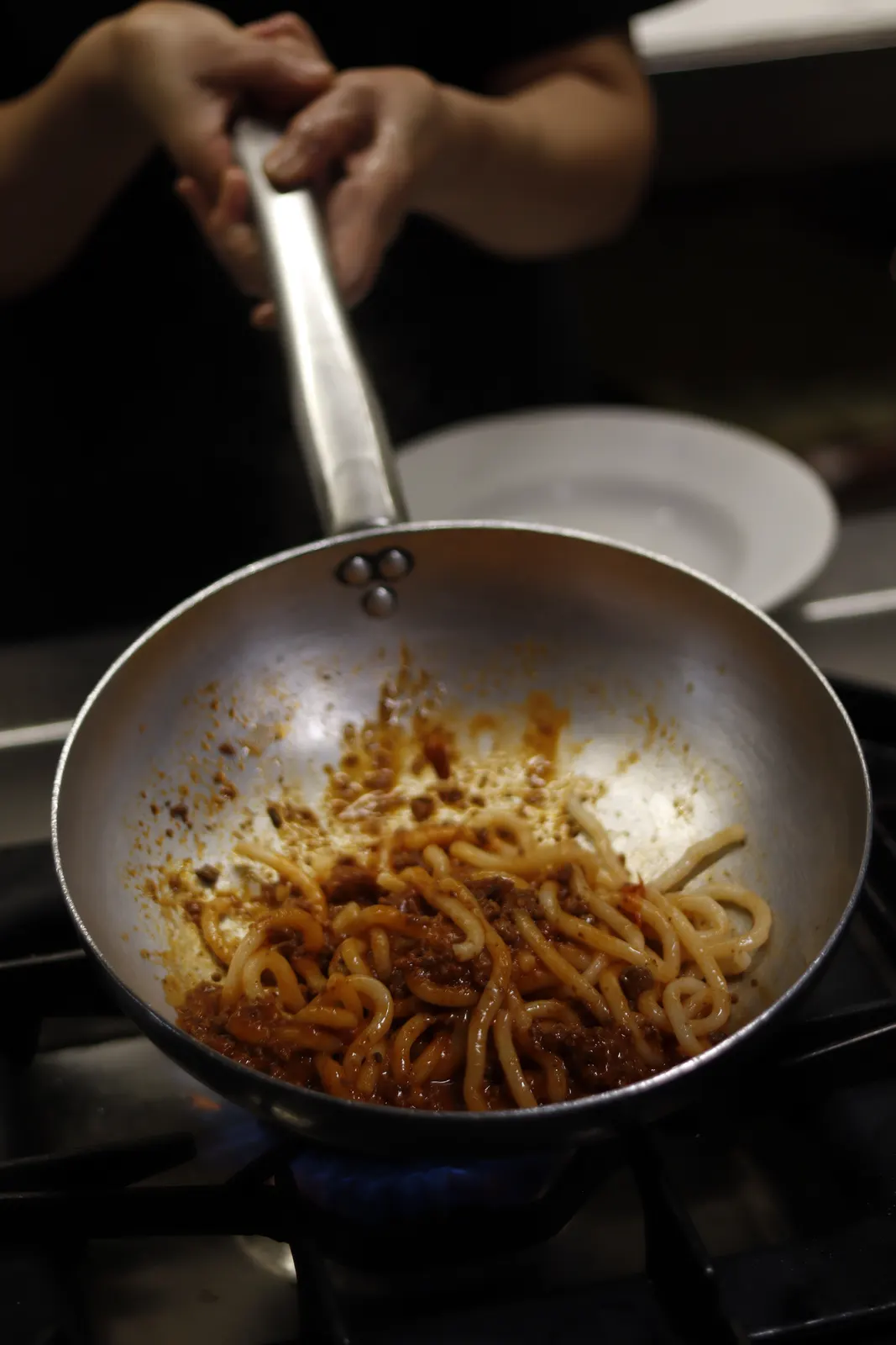 Pasta tossed in the pan
